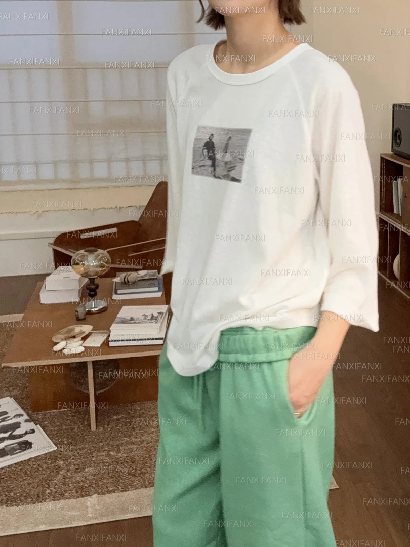 2025复古白色八分插肩袖照片印花T恤百搭略松圆领打底上衣S252