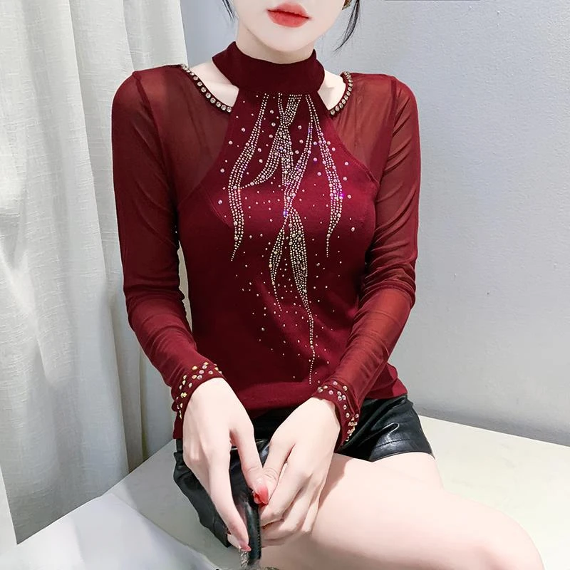 2025秋冬新款立领重工烫钻时尚网纱拼接修身显瘦打底衫女上衣洋气