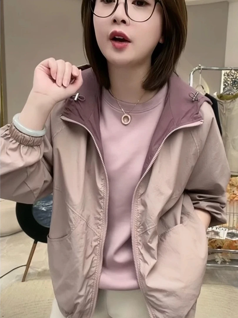 时尚拼接撞色双面穿防晒外套春夏季新款宽松休闲连帽拉链开衫上衣