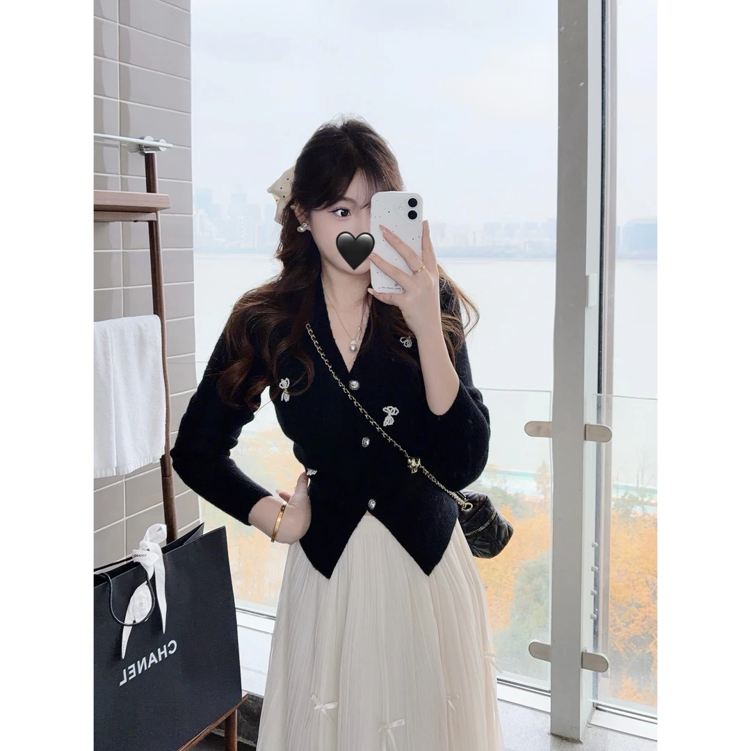 MuMu秋冬黑色小香风蝴蝶结收腰针织上衣WP10401蝴蝶结纱裙WP10671