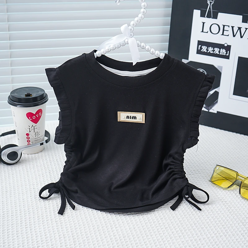 2025年夏季黑色T恤上衣儿童女童12-15岁柔软系带韩版休闲时尚夏装