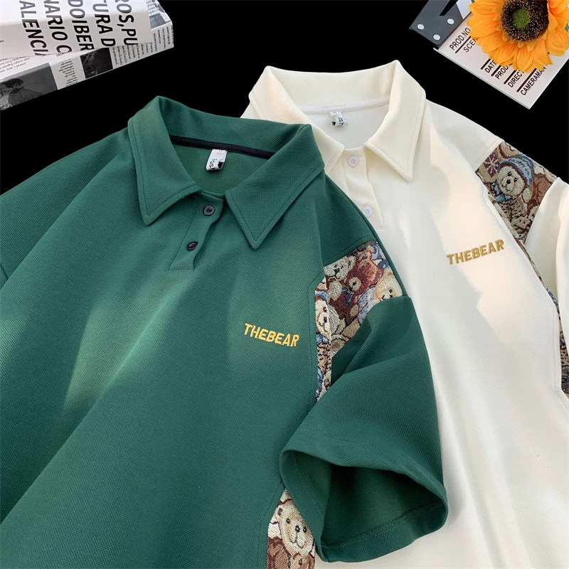 【11305包邮】2025夏新款青少年学生POLO衫菠萝格拼接小熊T短袖