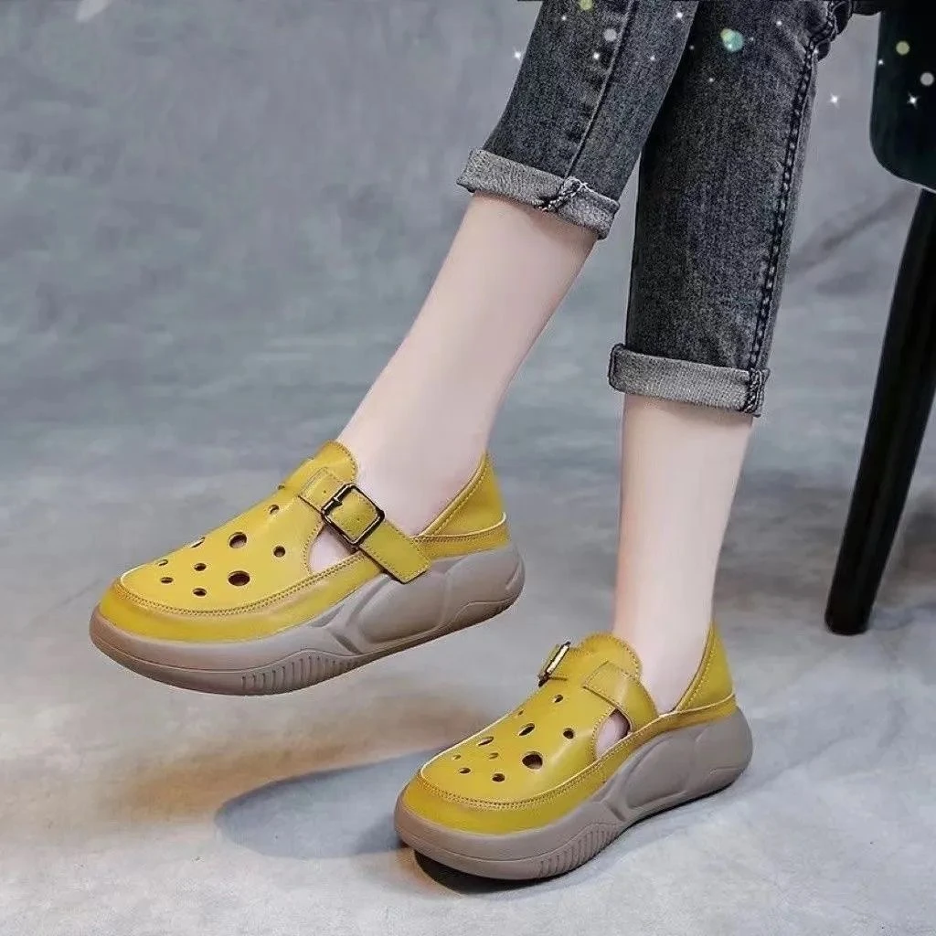 真皮时尚凉鞋女夏季新款透气镂空两穿洞洞鞋厚底休闲百搭运动鞋潮