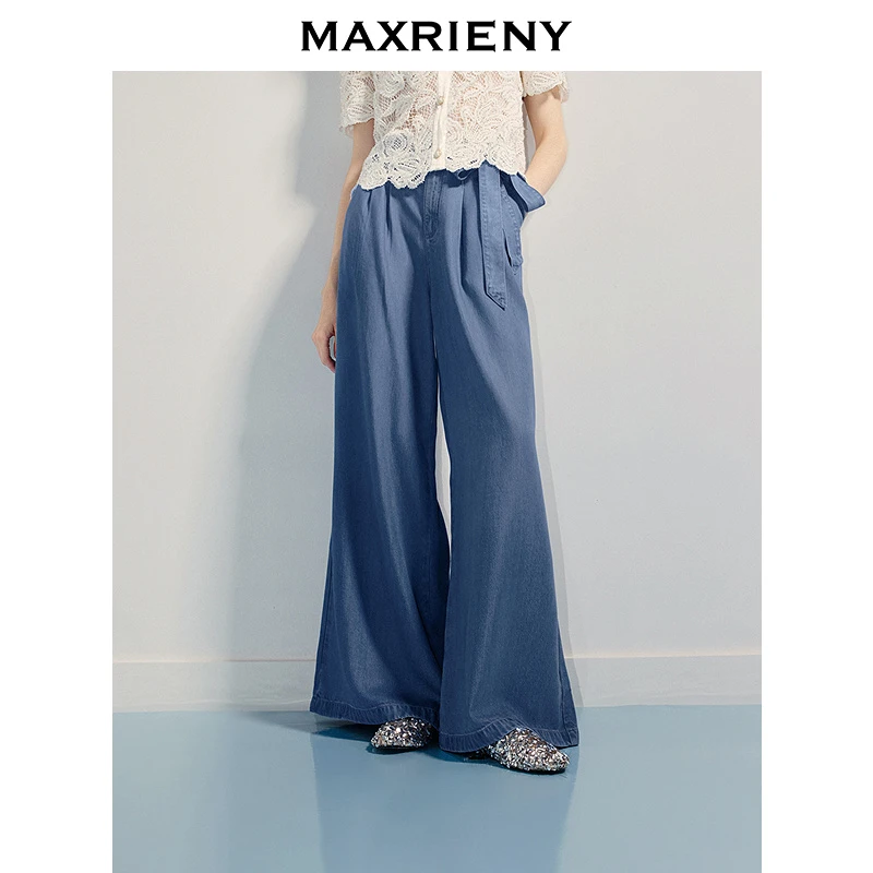 【商场同款】MAXRIENY垂坠感阔腿牛仔长裤女25夏浅牛仔蓝休闲裤