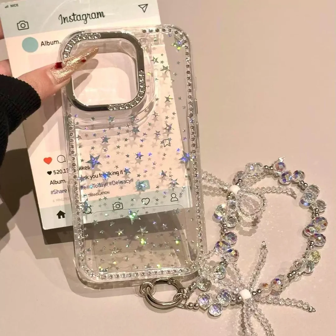 超仙闪钻镭射星星带手链适用iPhone16promax苹果14pro手机壳15/13