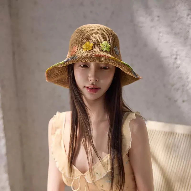 草帽夏季极简风女士大檐宽檐花朵帽子牛仔盆帽编织