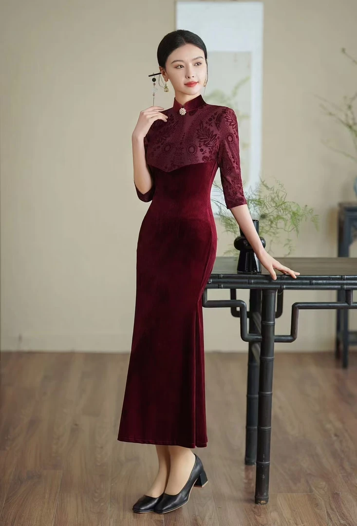 【上海名媛】网纱植绒提花气质时尚修身高端丝绒旗袍苏州旗袍