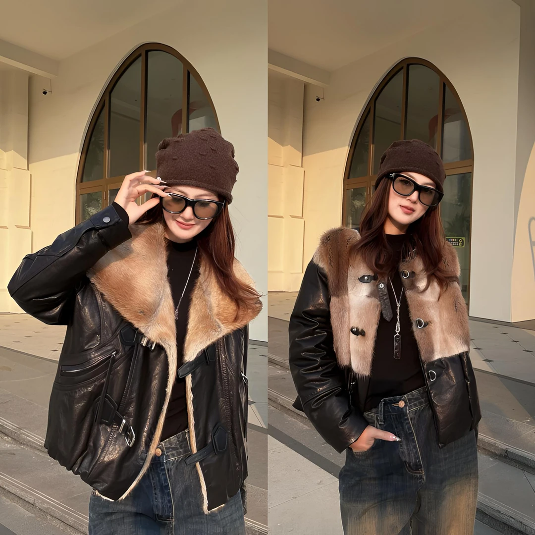【MiDuo甄选2025水貂毛领牛皮羽绒】爆款女装真皮外套女显瘦洋气