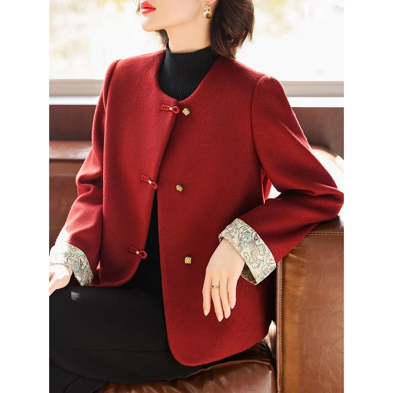 皮尔卡丹中年妈妈秋红羊毛外套2025新款洋气中老年妇女新款中国风