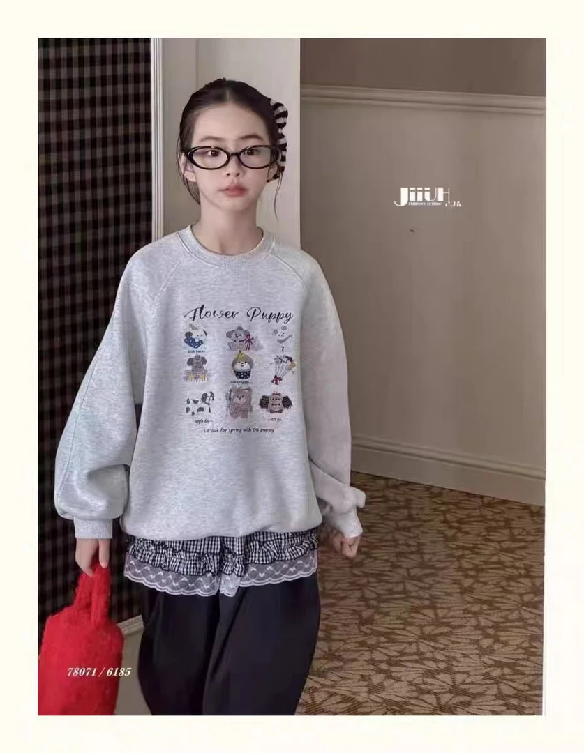 秋季新款韩版女童卡通刺绣小狗宽松圆领涛涛卫衣8071