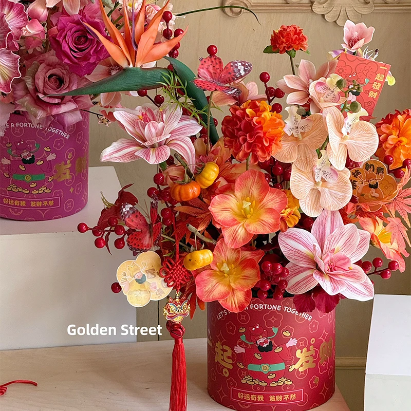 四喜财神抱抱桶年宵花新年福桶鲜花花束包装盒插花花桶
