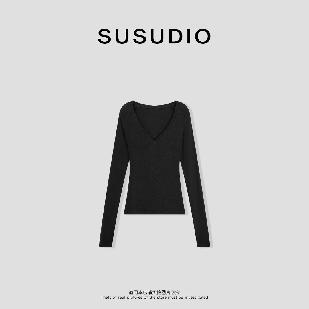 SUSUDIO③  95莱赛尔春夏新款休闲V领修身内搭打底T恤 10181