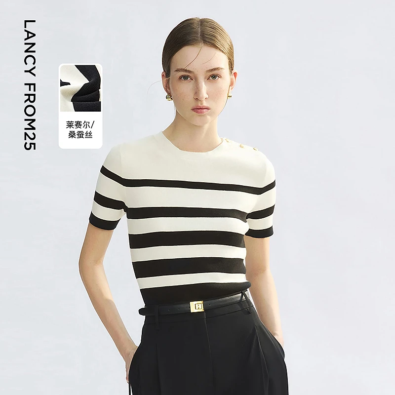【丽公主专享】朗姿撞色条纹高级感2025年夏季新款通勤上衣KPR001