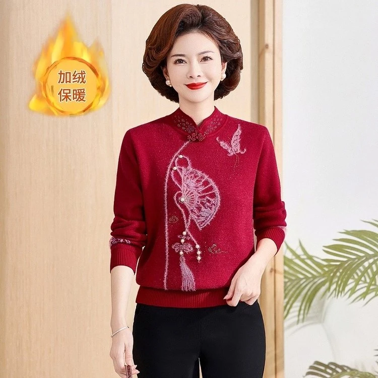 中老年24新款旗袍领加绒加厚毛衣时尚保暖仿貂绒打底衫新中式冬