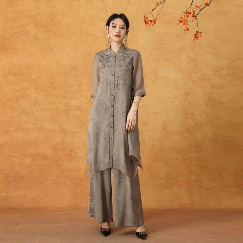 云裳雅韵 新中式宽松刺绣上衣+阔腿裤套装中老年妈妈装日常两件套