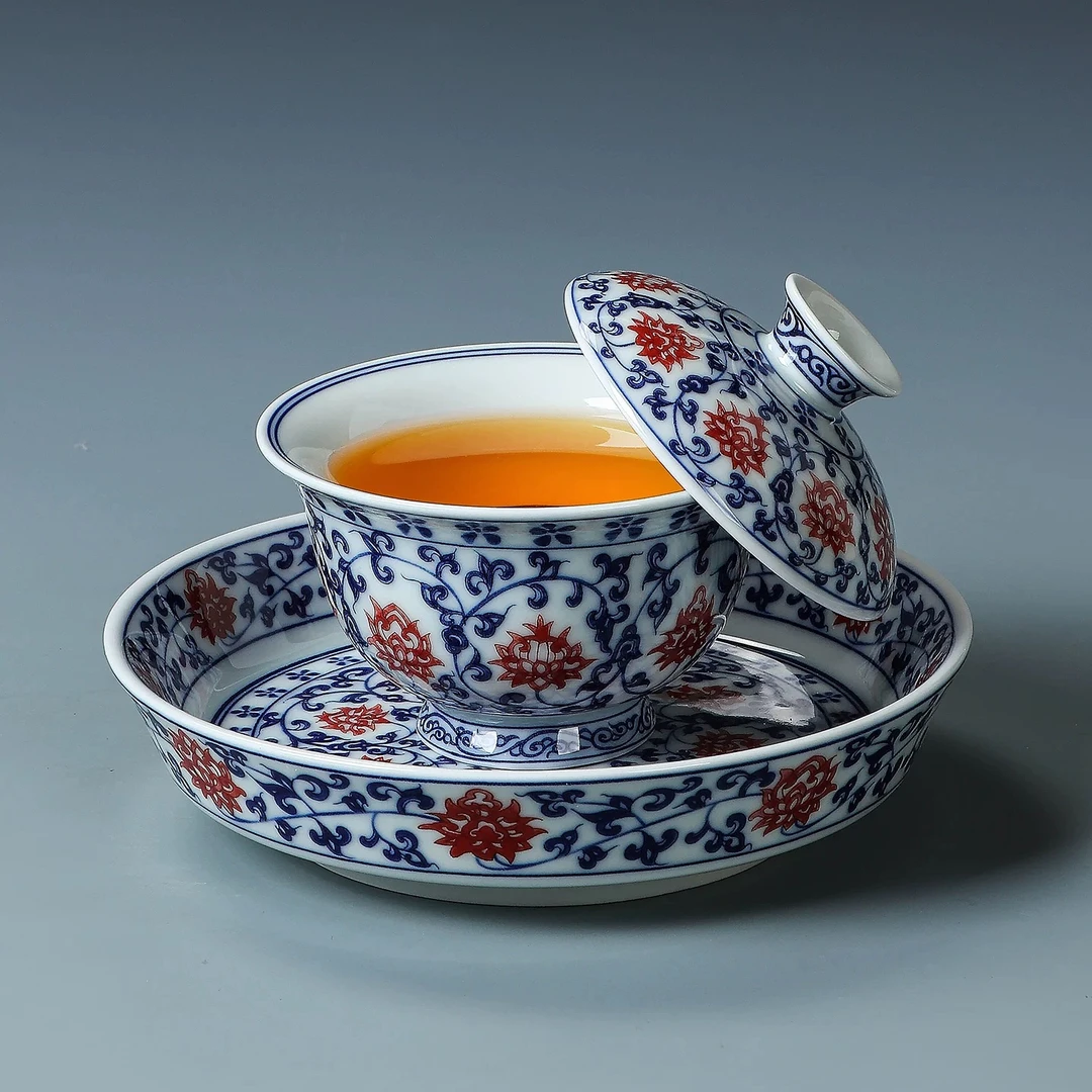 青花釉里红缠枝莲中式复古陶瓷盖碗家用三才泡茶器茶碗G07