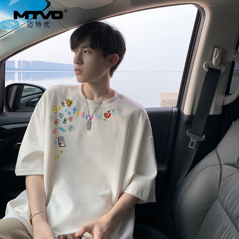 圆领印花短袖T恤2025年夏季新款男生纯棉休闲宽松百搭圆领短袖T恤