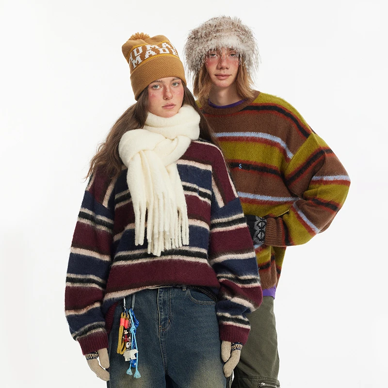 江南先生美式复古马海毛撞色条纹绣毛衣秋冬男女情侣宽松JN44K79