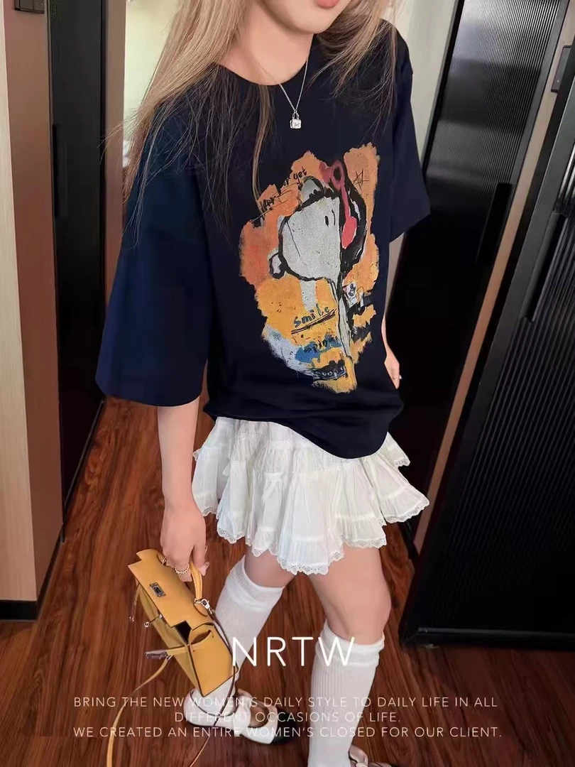 深圳出品TTONE夏装时尚印花极简风夏款休闲短袖T恤宽松系带韩版