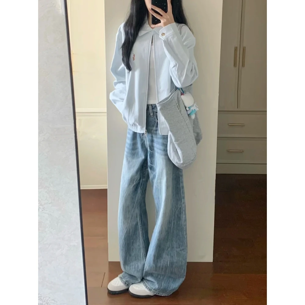 浅蓝色弯刀阔腿牛仔裤女2025冬季新款高腰显瘦美式宽松拖地镰刀裤