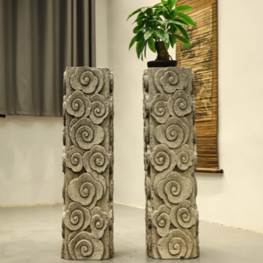 天然青石手工祥云柱新中式民居家居装饰摆件