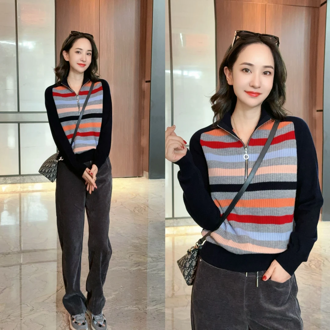 【彩色100%羊毛】秋冬厚织彩条高领毛衣针织衫XY241642 JDND轩羽