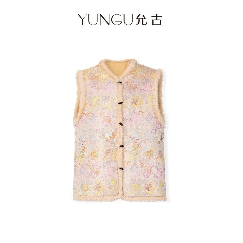 YUNGU允古 2025秋冬新款新中式水貂毛马夹女国风提花人丝马甲外套