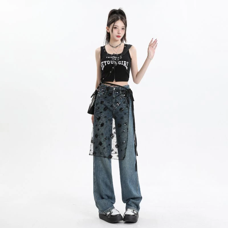 OUJU/偶句阔腿牛仔裤女秋冬季新款宽松高腰垂感百搭拖地裤显瘦