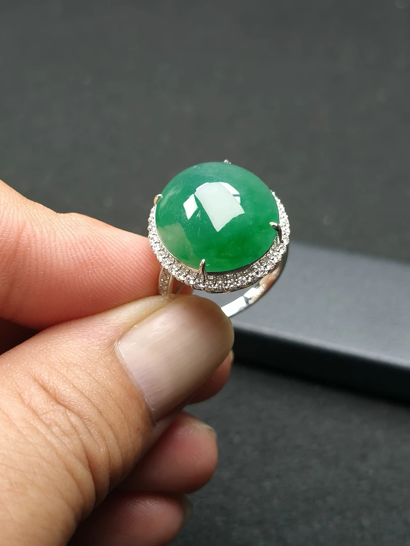 冰种满绿油绿翡翠金镶戒指女款时尚绿色精致精美镶嵌满色