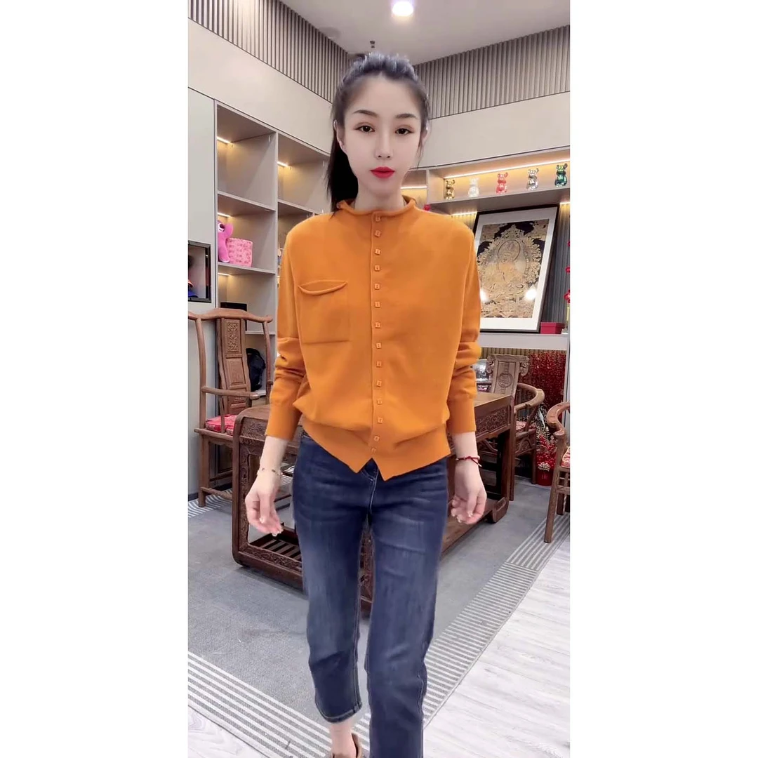 单口袋排扣半高领针织开衫秋季宽松休闲百搭针织上衣