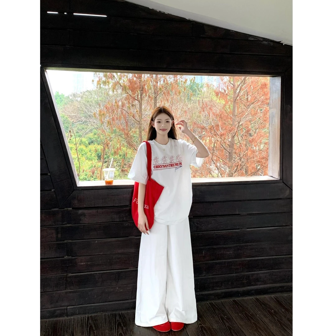 夏季一整套ootd穿搭减龄学院风宽松显瘦短袖上衣休闲裤两件套装女