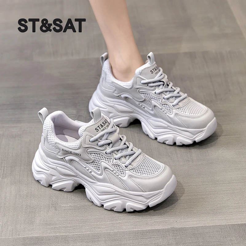 星期六春季网面鞋女2025新款透气薄款网鞋老爹鞋女款厚底运动鞋女