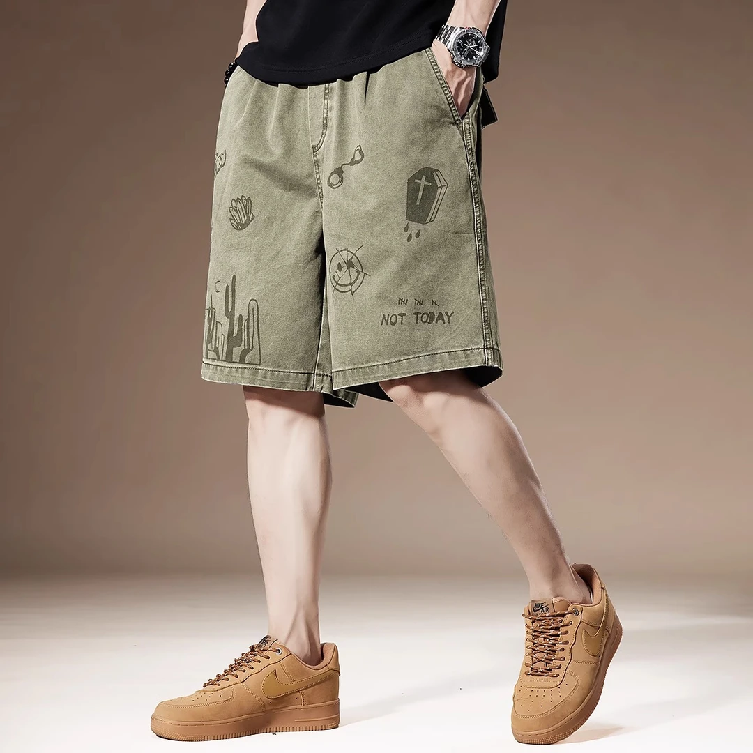 Cebrodz个性涂鸦男士短裤夏季复古水洗纯棉宽松休闲工装五分裤男