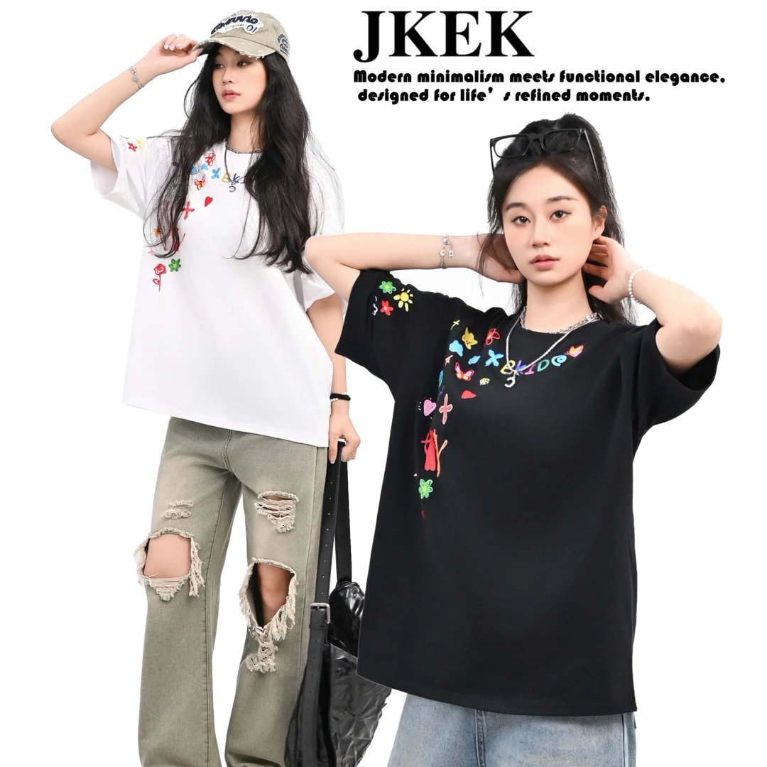 JKEK【调色盘】夏季纯棉宽松字母印花半袖潮流时尚休闲T恤TX25501