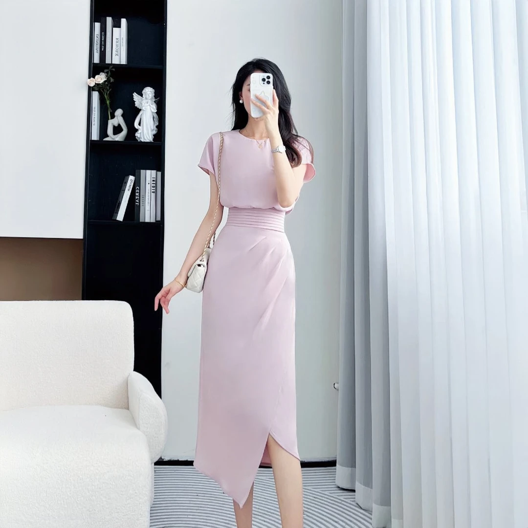 Design/24现货青苍短袖时尚法式收腰显瘦长款连衣裙 2131 kQC