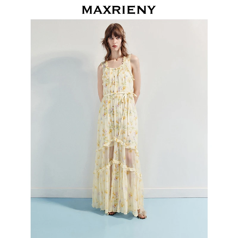MAXRIENY2025秋季新款优雅度假风背心吊带仙女气质印花雪纺连衣裙