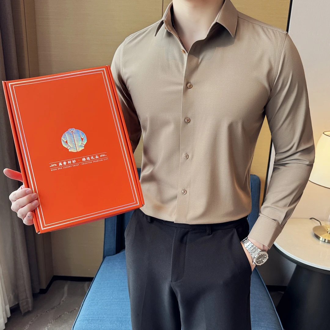 高端礼盒包装莫代尔绵羊毛长袖衬衫男士衬衣休闲百搭高奢修身商务