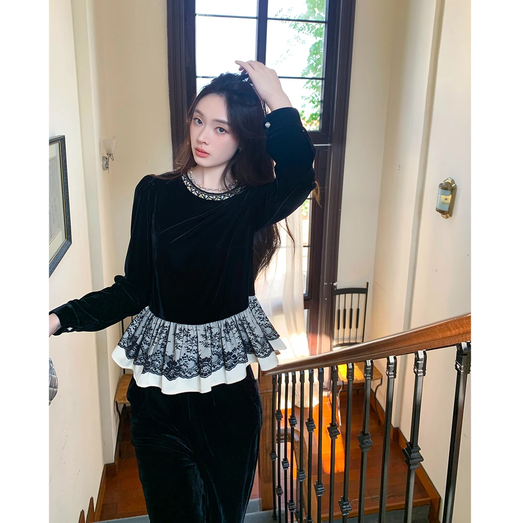 GERTCOREL2025新款秋冬季法式丝绒贵气套装女复古时髦显瘦两件套