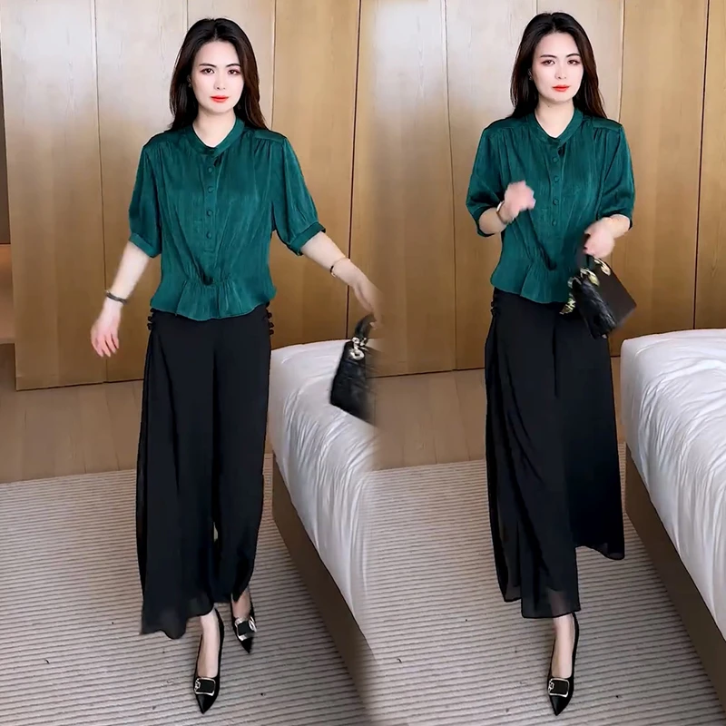 轻熟风短袖时尚套装气质显瘦套装街头风中国风上衣洋气阔腿裤2025