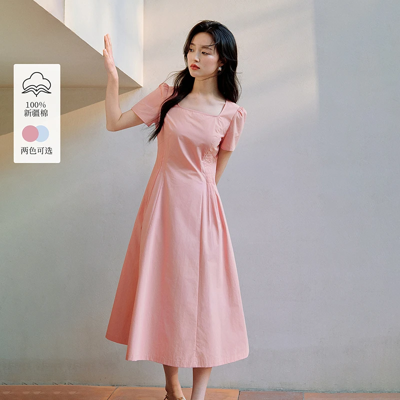 【重百优选】茵曼方领纯棉连衣裙女压褶收腰显瘦气质长裙W18528313