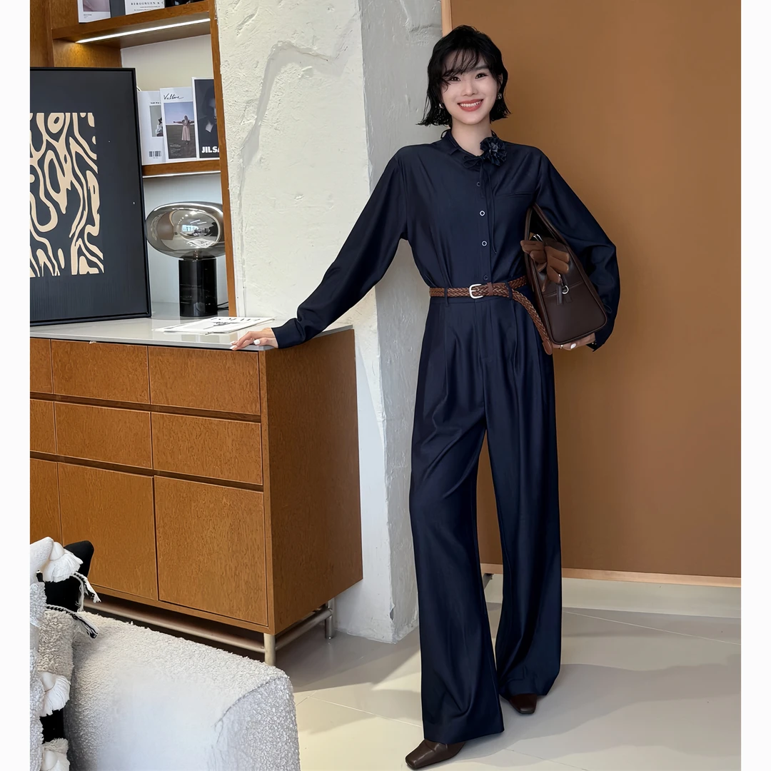 ZEROYK设计师款慵懒风时尚套装高级感复古花朵领衬衣直筒裤两件套