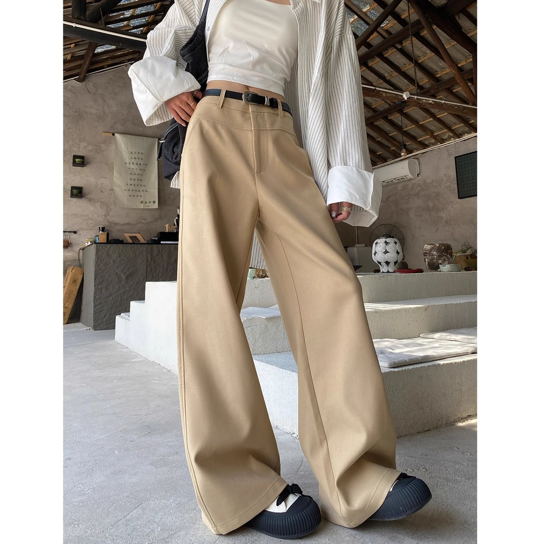 卡其色阔腿裤2025春秋季新款女高腰垂感窄版显瘦西装裤休闲直筒裤