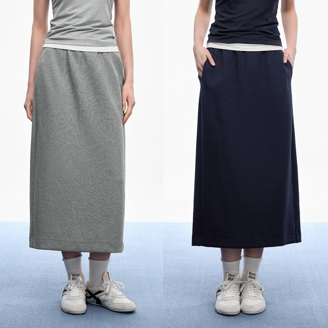 华吉言/HUAJIYAN  三明治空气层松紧腰直筒半裙