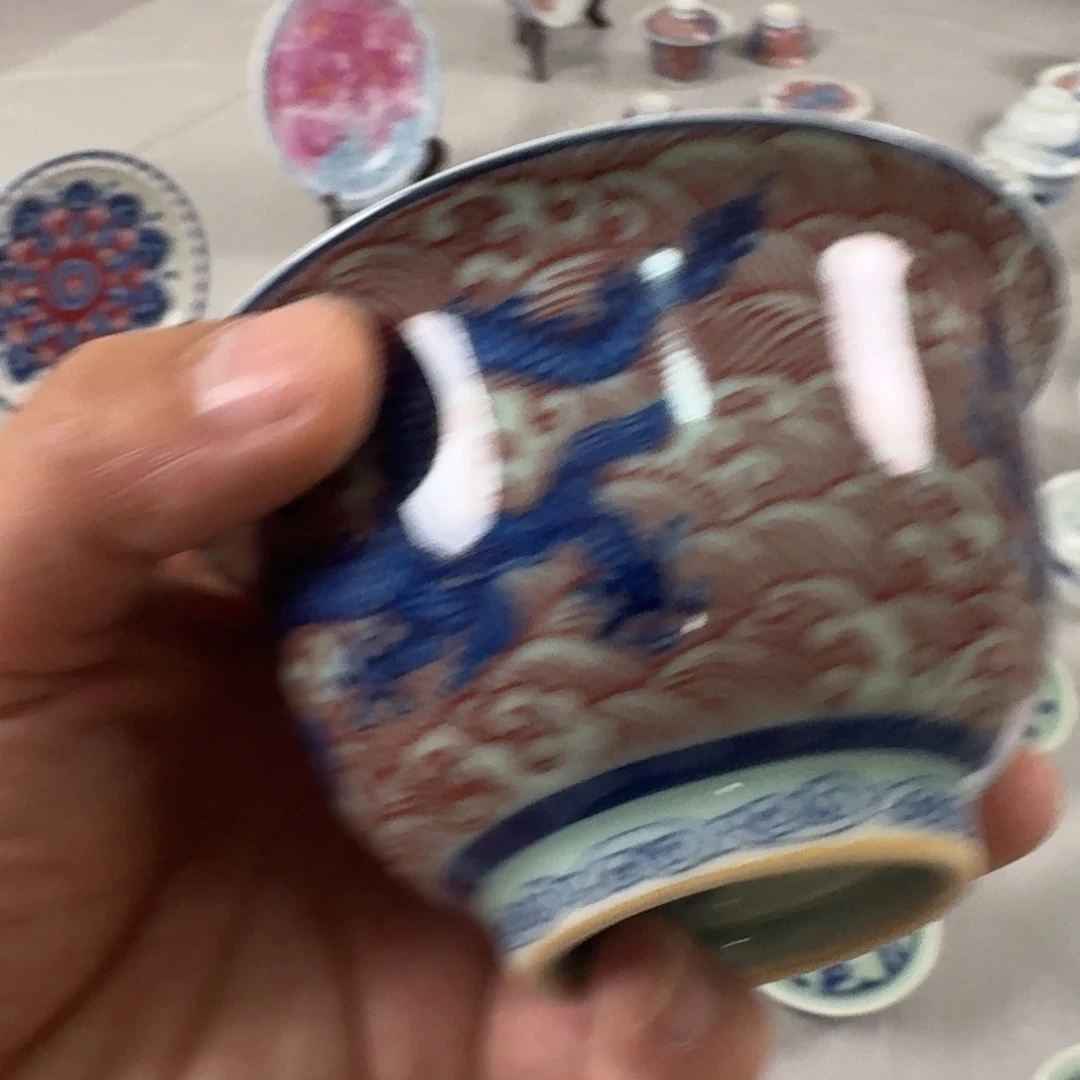 摆件青釉釉里红海水龙两才盖碗