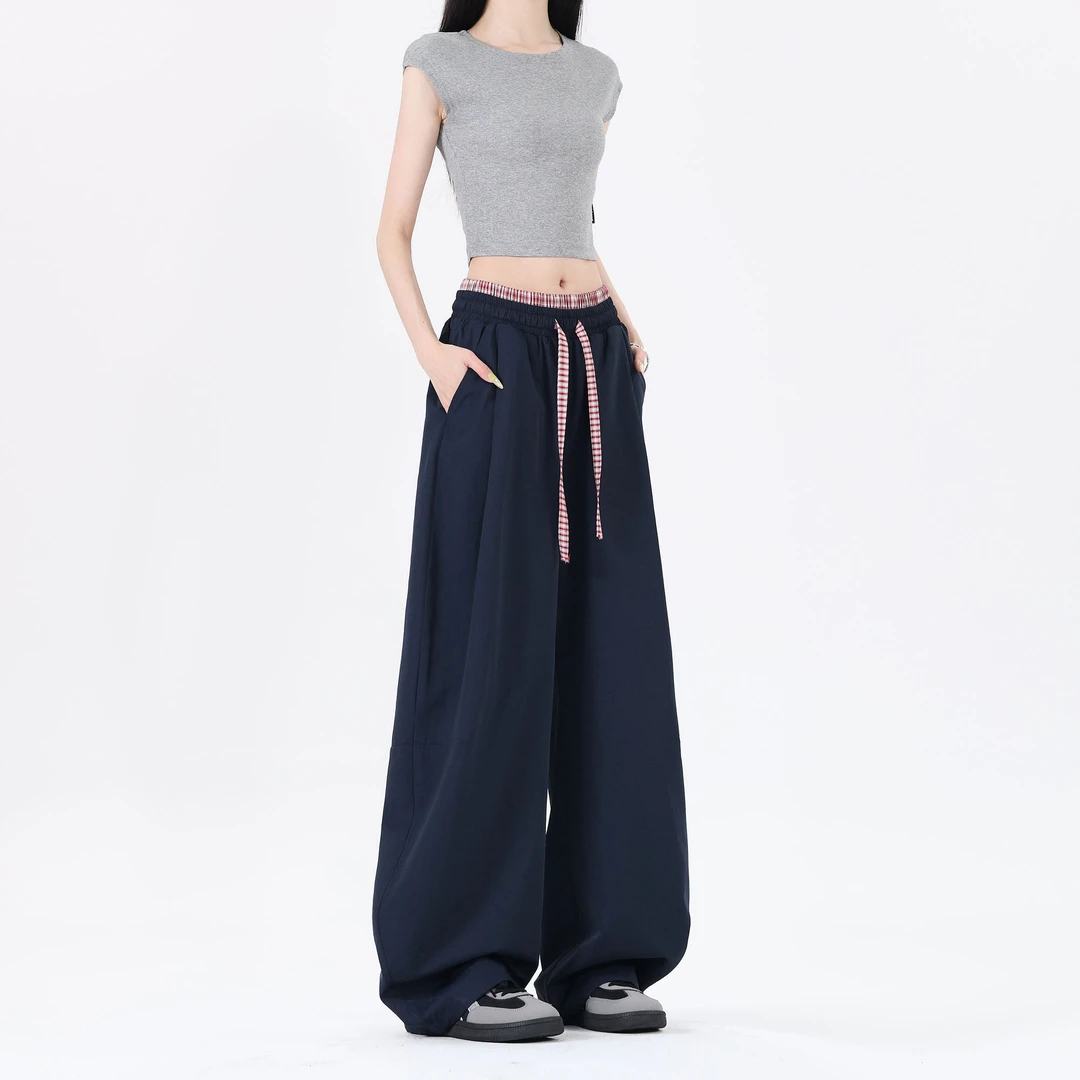 ZMOH夏季格子双拼裤子显瘦百搭宽松垂感抽绳纯色休闲裤男女同款