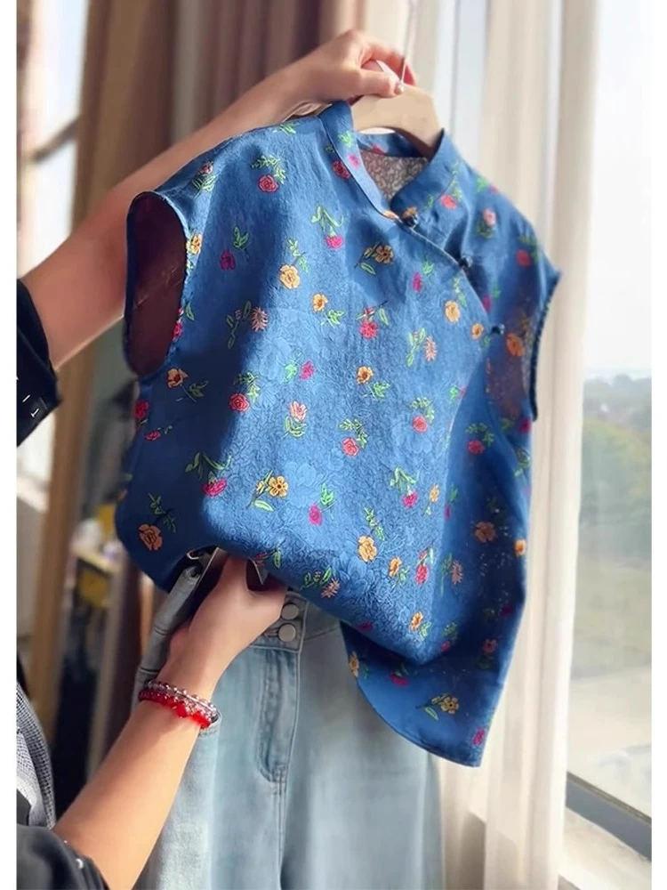 新中式复古休闲碎花盘扣短袖2025新款高级别致气质小众百搭T恤衫