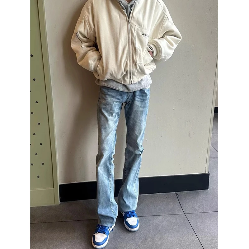 浅蓝色水洗弯刀牛仔裤男款美式高街vibe裤子修身中腰直筒微喇长裤