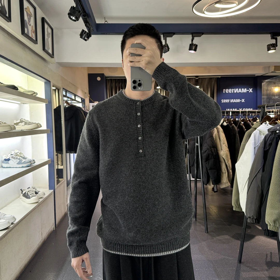 KP-X重磅加厚亨利领假两件毛衣秋冬保暖老钱松弛撞色拼接男针织衫