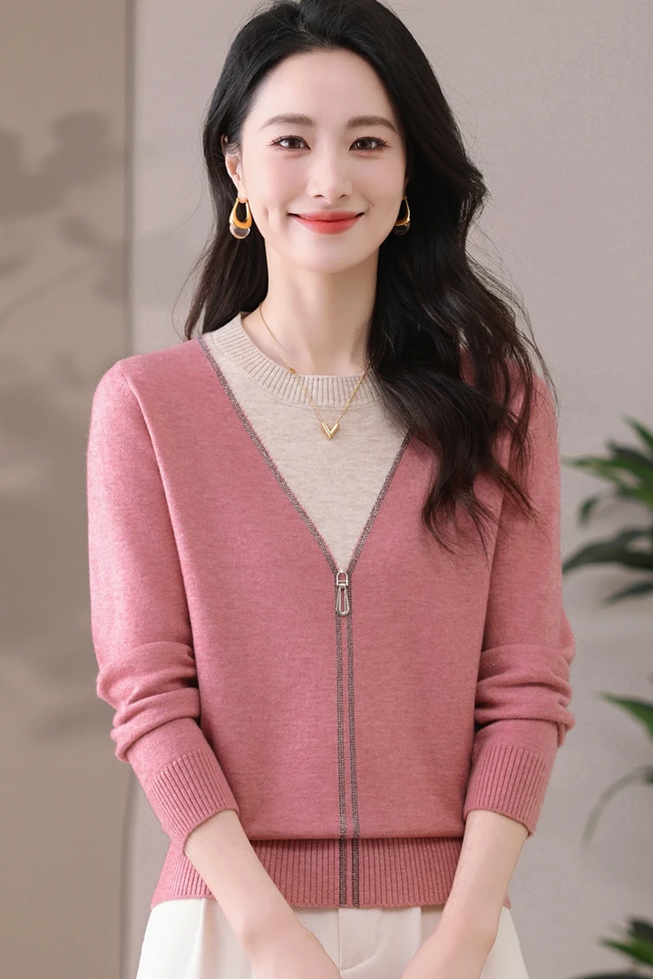 2025新款春秋圆领假两件女装洋气宽松显瘦气质时尚针织外穿内搭