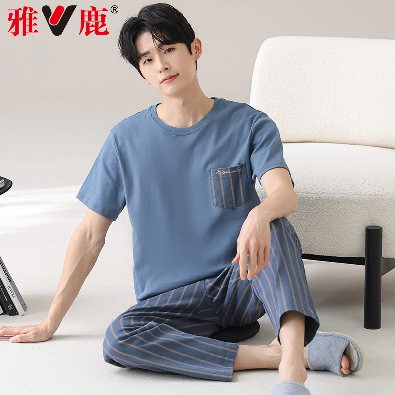 雅鹿冰丝螺纹宽松凉感男士睡衣夏季清凉时尚居家两件套大码短袖长